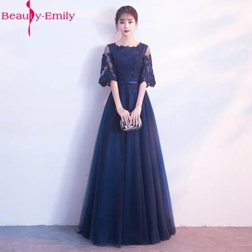 Elegant O Neck Half Sleeve Appliques Tulle Evening Dress Long 2020 Charming Lace Zipper Back Evening Gowns for Women Real Photo