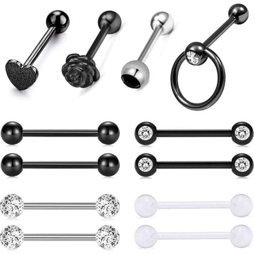 JFORYOU 14G 12Pcs Stainless Steel Tongue Rings Barbells Heart Shape Rose Shape Tongue Piercing Nipple Rings Body Jewelry 8 Style
