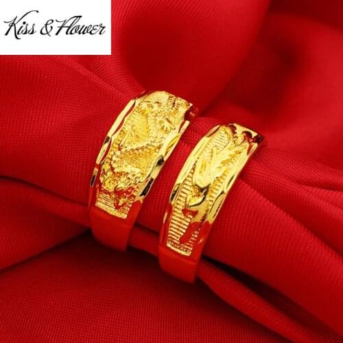 KISS&FLOWER RI19 Fine Hot Jewelry Wholesale Fashion Lovers Couple Birthday Wedding Gift Dragon Phoenix 24KT Gold Resizable Ring