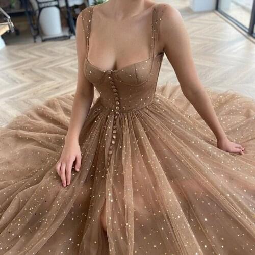 Eightree Modest Brown Cheap Prom Dresses Short Stary Tulle Evening Party Dress with Pocket Mid Calf Vestido de Festa Curto
