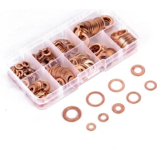 200pcs/box Copper Washers Flat Ring Sump Plug Oil Seal Assorted Set Professional M5-M14 Car Accessories Kit Copper Ring Gasket