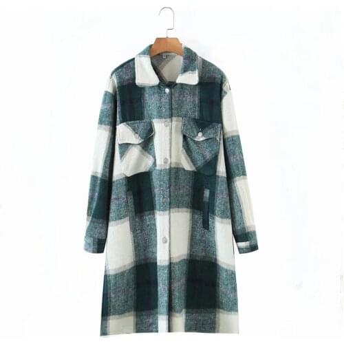 Merodi Stylish Lady Winter Plaid Thick Long Coats Female Autumn Vogue Long Sleeve Pockets Woolen Outwear Girls Chic Jackets