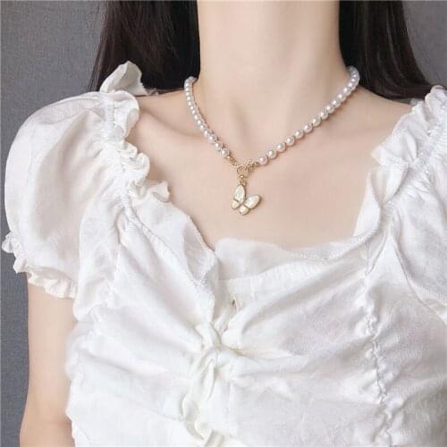 New Short Pearl Bead Choker Butterfly Pendant Necklace For Women Girls Party Hot Wedding Necklace Jewelry Gifts