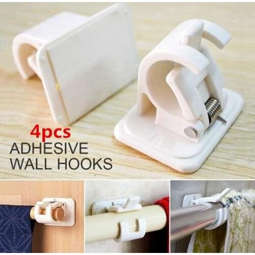 New 2Set 4Pcs Self-Adhesive Hooks Wall Mounted Curtain Rod Bracket Shower Curtain Rod Fixed Clip Hanging Rack