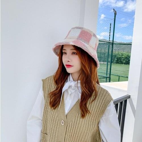 Warm Bucket-Hats Luxury Winter Plaid Thickened Soft Panama Hat Fashion Bob Chapeau Women Fisherman Cap