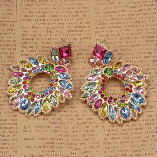 Fashion Colorful Crystal Rhinestone Earrings Women Jewelry irregular Geometric Round Big Drop Earrings Femme Boho Ethnic Earring