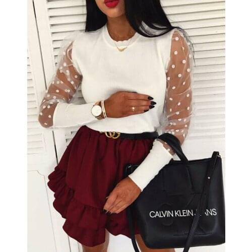 Mesh See Through Dot Puff Sleeve Shirt Women Long Sleeve Blouse Office Knitwear Sheer Casual Shirts Blusas Mulher Elegantes