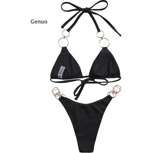 Sexy 2021 Metal Rings Halter Bikini Women Swimwear Female Swimsuit Two-Pieces Bikini Set Ribbed Bather Bathing Suit Swim Lady