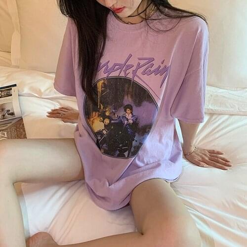 Vintage Graphic Tee Female 2020 New Short Sleeve O Neck Purple Chic Printed Tops Summer Cotton Loose Casual T Shirt Women Top