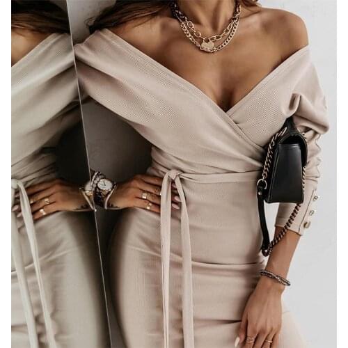 Foridol V Neck Knitted Sweater Dress Casual Sash Bodycon Autumn Winter Khaki Slit Dress Elegant Office Ladies Basic Dress 2021