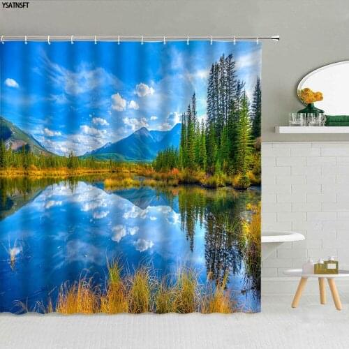 Snow Mountain Forest Lake Shower Curtain Flower Pine Tree Sunset Natural Scenery Bathroom Supplies Curtains Home Decor With Hook