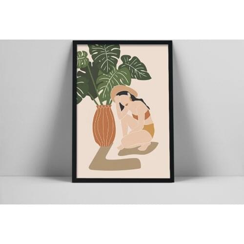 Woman And Plant Art Print | Clay Pot Monstera Leaves Poster | Tropical Wall Print | Minimal Botanical Art | Absinimal BurneatCol
