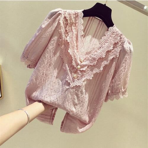 Womens loose version v-neck chiffon shirt lace short-sleeved womens summer style women
