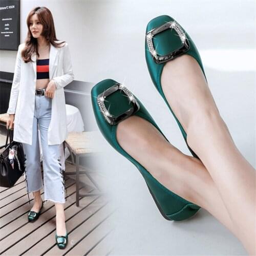 2021 Autumn Women Soft ballet Flat Shoes PU Leather Rhinestone Square Buckle Womens Foldable Loafers Woman Green Shoes