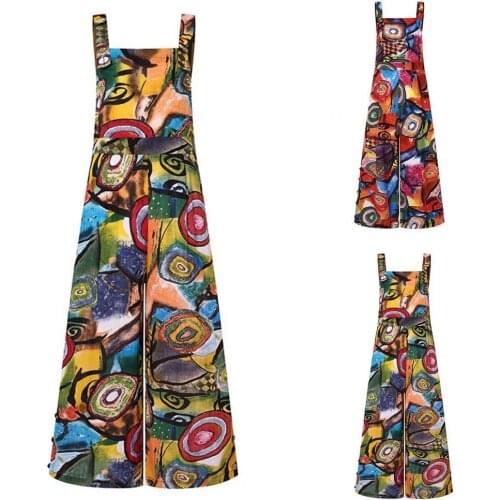 Women Sling Playsuit Abstract Oil Painting Print Wide Leg Middle Waist Square Collar Romper Street Wear