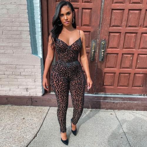 Europe and the United States 2021 new womens Retro leopard flocking V-neck sexy suspender Jumpsuit pants