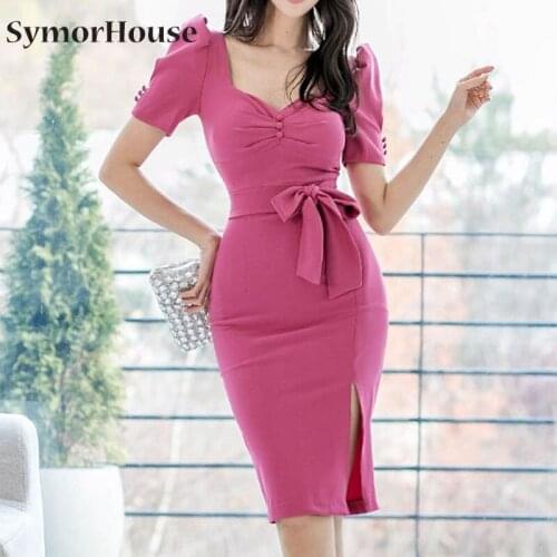 Korean Elegant Office Dress 2021 Summer Short Puff Sleeve Decorative Buttons High Waist Tight Slim Party Bodycon Dresses Women