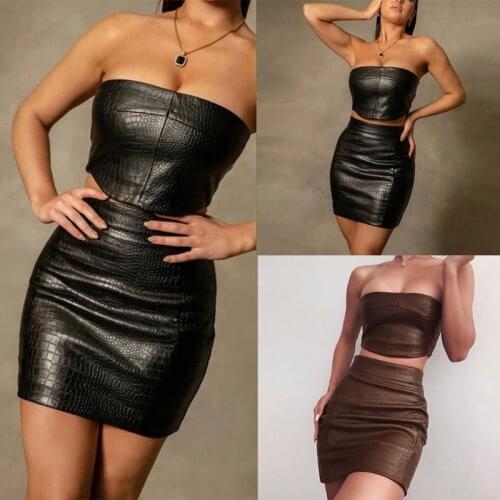 H9ED Women Sexy 2pcs Faux Leather Solid Color Crocodile Outfits Strapless Tube Top and High Waist Mini Skirt Bodycon Clubwear