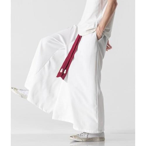 2021 Summer Men Cotton Linen Wide Leg Pants Mens Chinese Style High Street Casual Trousers Male Big Crotch Nepal Robe Pants