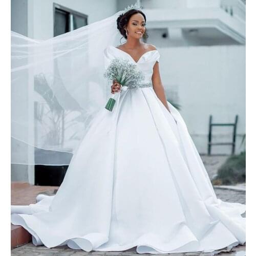 2021 African Wedding Dresses A Line Off Shoulder Satin Bridal Gowns With Crystal Sash Sweep Train Wedding Gowns For Beach Garden