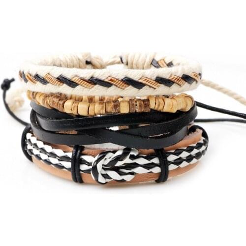 4pcs/set Boho Gypsy Hippie Punk Brown Black Leather Beige Cord Wrap Knots Wooden Bead Layers Adjustable Bracelets Set for Man