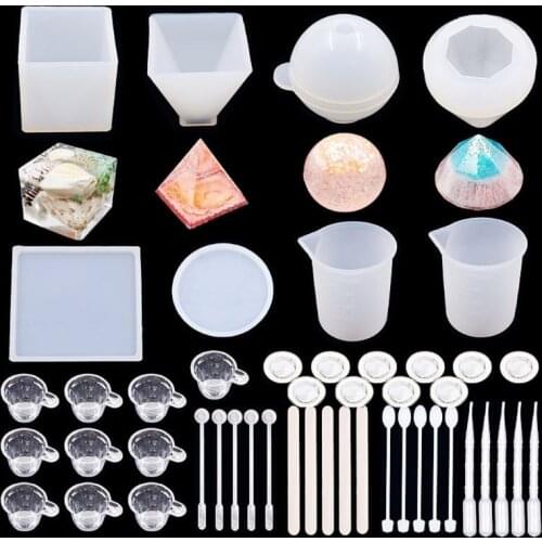 48Pcs 3D Pyramid Cubic Sphere Diamond Resin Casting Molds Large Clear Silicone Epoxy Resin Molds Mixing Cups Tools KIt
