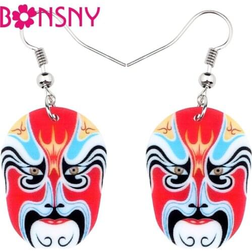 Bonsny Acrylic Red Chinese Beijing Opera Masks Earrings Drop Dangle Ancient Ethnic Character Jewelry For Women Girls Gift Charms