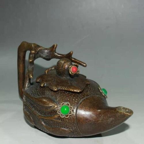 Antique QingDynasty Handmade purple copper with gems teapot ,pomegranate type,Hand-carved crafts,best collection& adornment