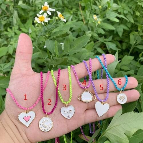 More Color Rainbow Enamel Box Chain CZ Micro Pave Copper Gold Plated Heart Shape Pndant Bulk Necklace Jewelry Wholesale