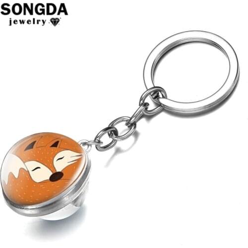 SONGDA Lovely Cartoon Fox Keychain for Handbag Purse Little Animal Fox Double Side Glass Cabochon Pendant Key Chain Kids Jewelry