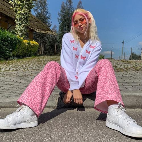 Leopard Pink Jeans y2k Aesthetic Cargo Pants High Waisted Pockets Hot Mom Jeans Vintage Fashion Harajuku Jogger Female