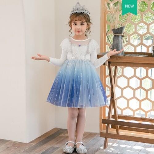 Girls Summer Dress for Kids Long Sleeve Ice Blue Princess Tulle Dress Fly Sleeve Tiered Cotton Costume Vestido
