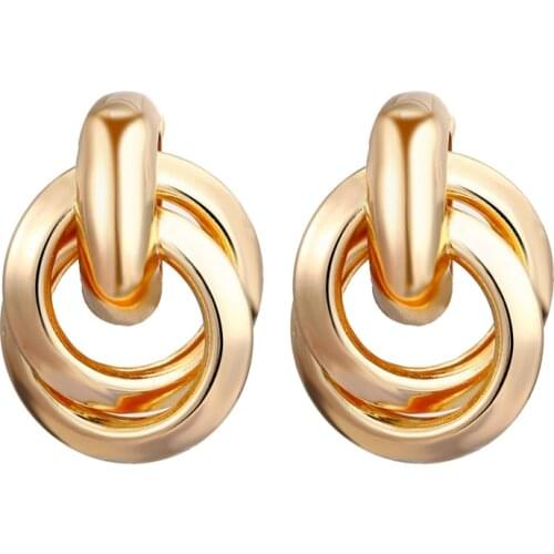 Metal Alloy Double Round Two Ring Interlocking Earrings Glossy Drop Earrings Female Personality Fashion Creative Earring Gift