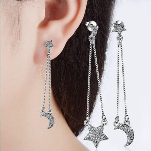 KOFSAC Shiny Micro-Inlay Zircon Moon Star Long Tassel Ear Line Earring Charm Silver 925 Stud Earrings For Women Jewelry Brincos