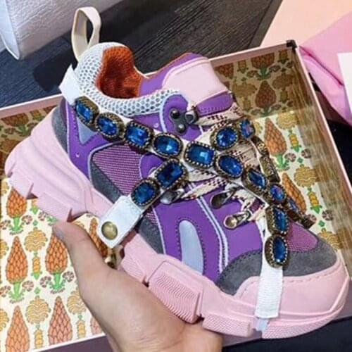 Handmade Crystal Embellished Woman Shoes Mixed Color Sports Shoes Platform Sneakers Lace Up Shoes Women Fashion Casual Shoes Hot