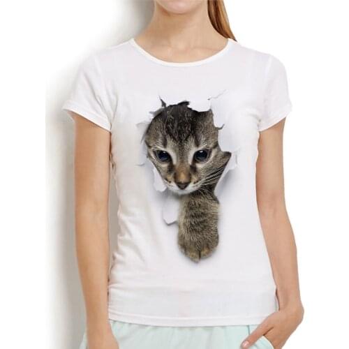 Cute cat break out vivid 3D tshirt femme jollypeach brand 2018 new white casual t-shirt women o-neck funny T Shirt no glue print