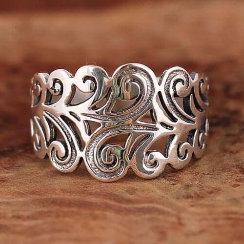New S925 Sterling Silver No Mosaic Retro Distressed Hollow Pattern Wide Version Men And Women Couple Open Ring