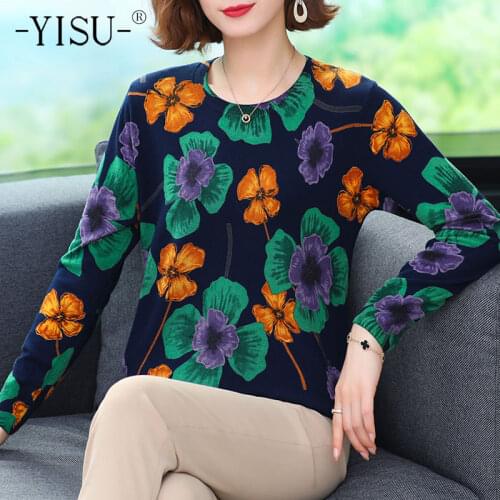 YISU New Womens sweater O-Neck Flowers Printing Spring tops Long sleeves Jumper Female Casual Loose Wool Knitted pullove
