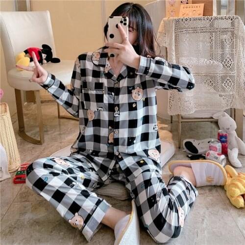 2020 Autumn Long Sleeve Casual Plaid Pajamas Sets For Women Sleepwear Suit Pyjamas Loungewear Homewear Pijama Mujer Home Clothes