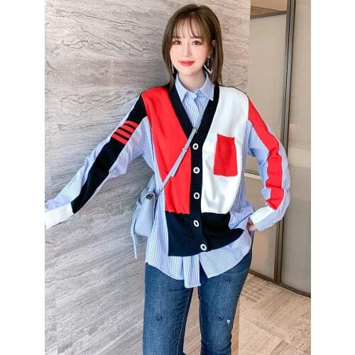 Striped shirt stitching Lapel knitted fake two-piece Shirt Top Womens wear 2021 spring new pattern High Quality