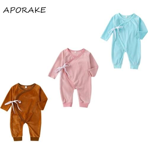 2021 0-18M Casual Baby Girl Boy Jumpsuit Spring Fall Solid Color V Neck Bandage Long Sleeve Super Soft Plush Romper Outfit