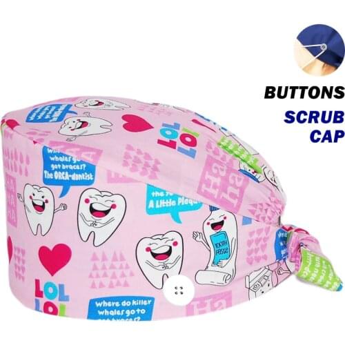 Adjustable Unisex Scrubs Caps 100% Cotton Teeth Printing Nursing Cap Beauty Salon Pet Shop Working Accessories Women Scrub Hat
