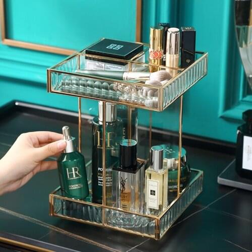 Casegrace Luxury Rotating Glass Makeup Box 2 Layers Cosmetic Storage Box Brush Pencil Lipstick Holder Jewelry Case Organizer