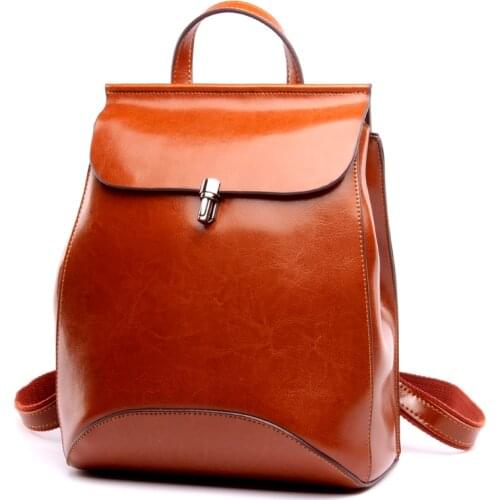 2021 Genuine Leather Backpack Women Bag Oil Wax Cow Leather Mochila Vintage Backpacks Female Back Pack Casual School Bags Brown
