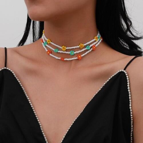 Korean Sweet Colorful Little Daisy Acrylic Flowers Boho Beaded Clavicle Choker Necklaces for Women Girls Trendy Jewelry Gift