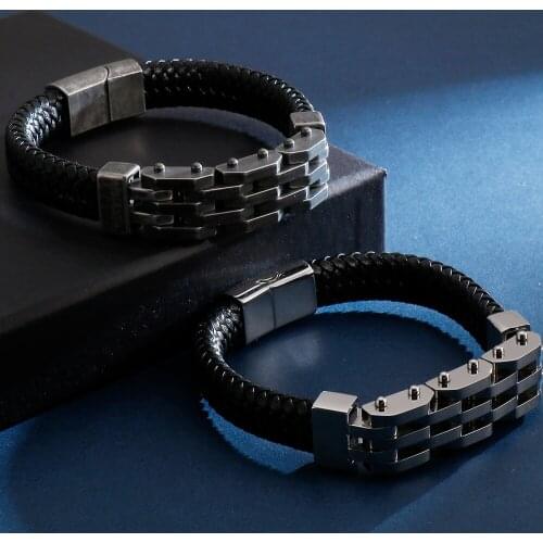 Vintage Handmade Mens Leather Bracelet For Men Punk Rock Hiphop Stainless Steel Mens Bracelets Biker Jewelry