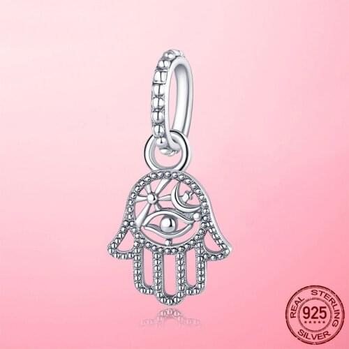 Hot Sale Lucky Charm 925 Sterling Silver Protective Hamsa Hand Dangle Charm Beads fit Pandora Bracelet 925 Silver jewelry
