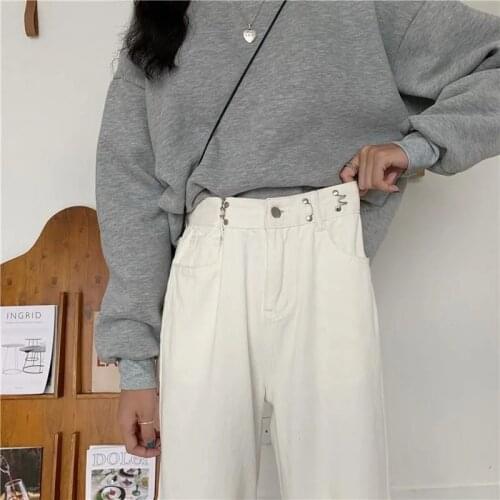 Shnsophi High Waist Jeans Streetwear Women 2021 Spring White Wide Leg Pants Fashion Trousers Full Length Loose Denim Pants
