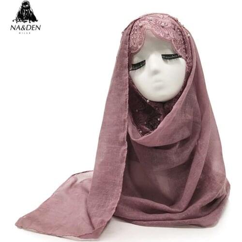 Women scarf solid viscose with pearl lace scarves muslim hijab islamic eid wrap bandana foulard shawls 10pcs/lot fast shipping