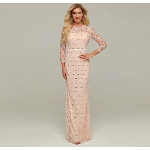 Beige Round Neck Mesh Elegant Long Vestidos Celebrity Women Long Sleeve Fashion Beaded Sashes Evening Party Maxi Dresses 2019